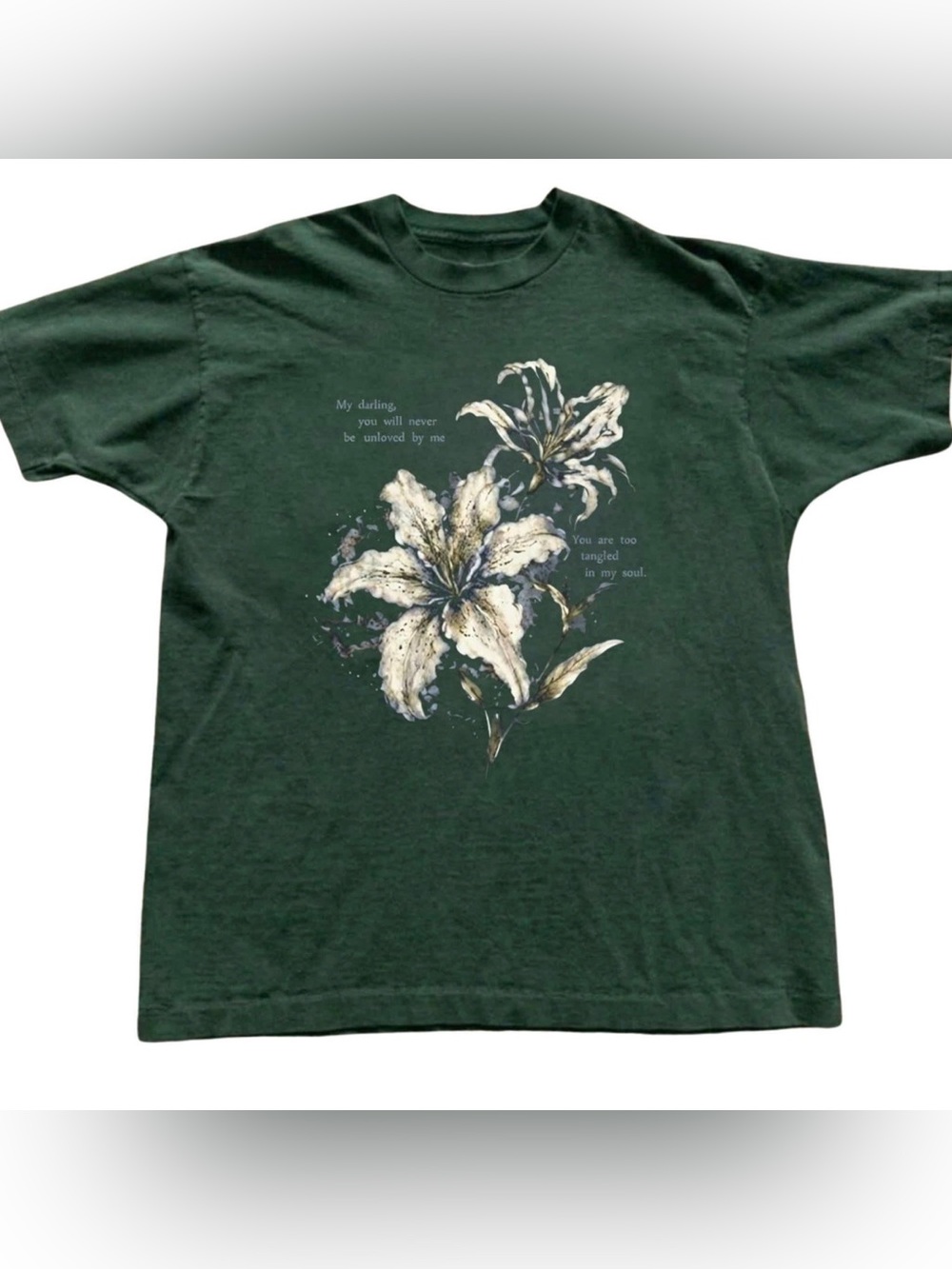 Vintage Lily Floral Graphic Tee - Forest Green Retro